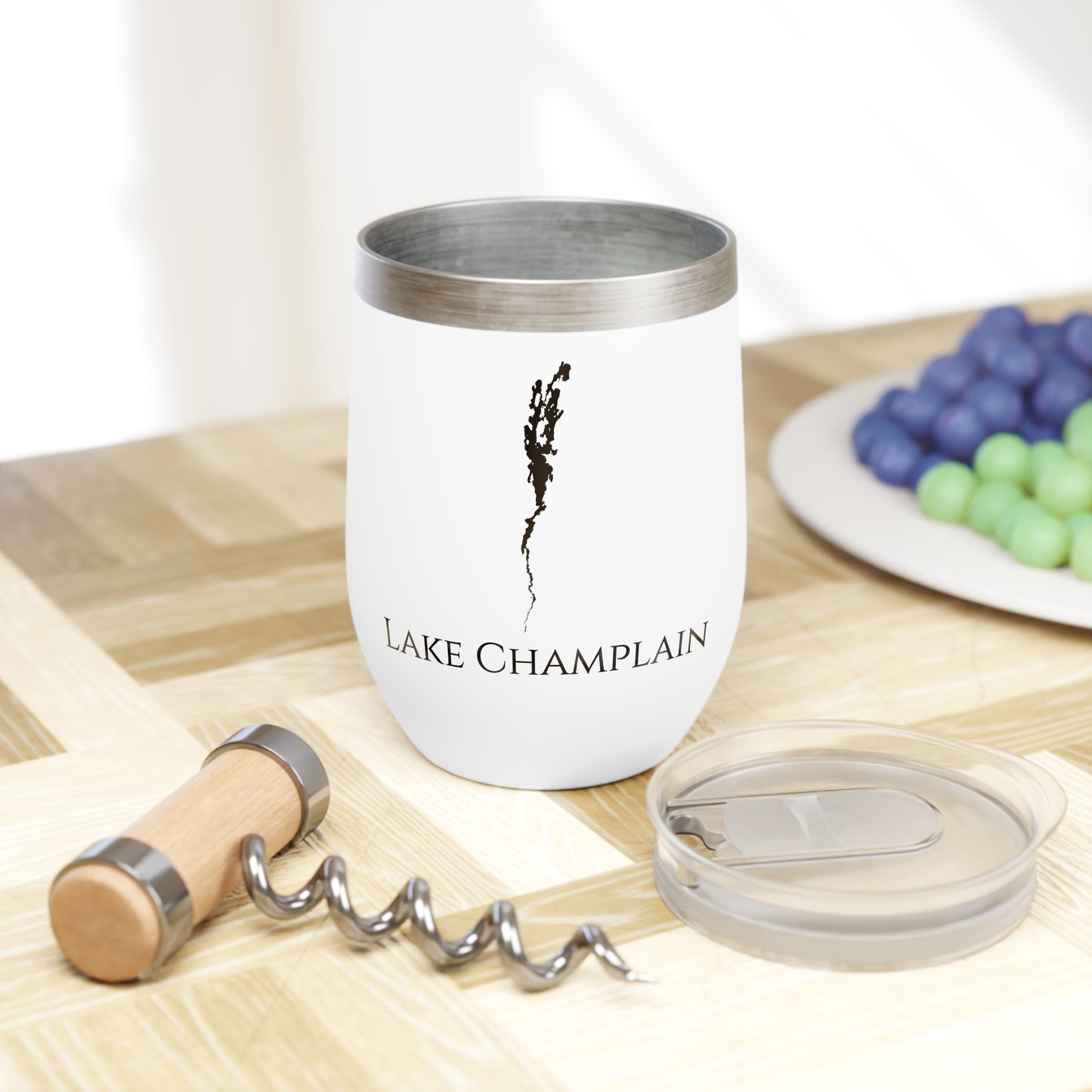 Lake Champlain, VT Wine Tumbler Cutting Board View