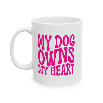 MY DOG OWNS MY HEART Coffee Mug – Funny Gift for Family and Coworkers, Dark Pink, Ceramic, 11 oz
