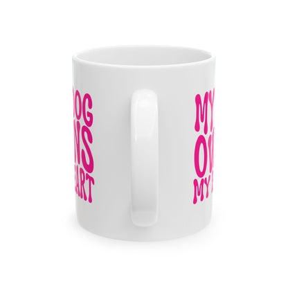 MY DOG OWNS MY HEART Coffee Mug – Funny Gift for Family and Coworkers, Dark Pink, Ceramic, 11 oz