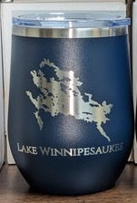 Lake Winnipesaukee Laser Engraved Stainess Steel 12 oz Wine Tumbler with lid (Navy)